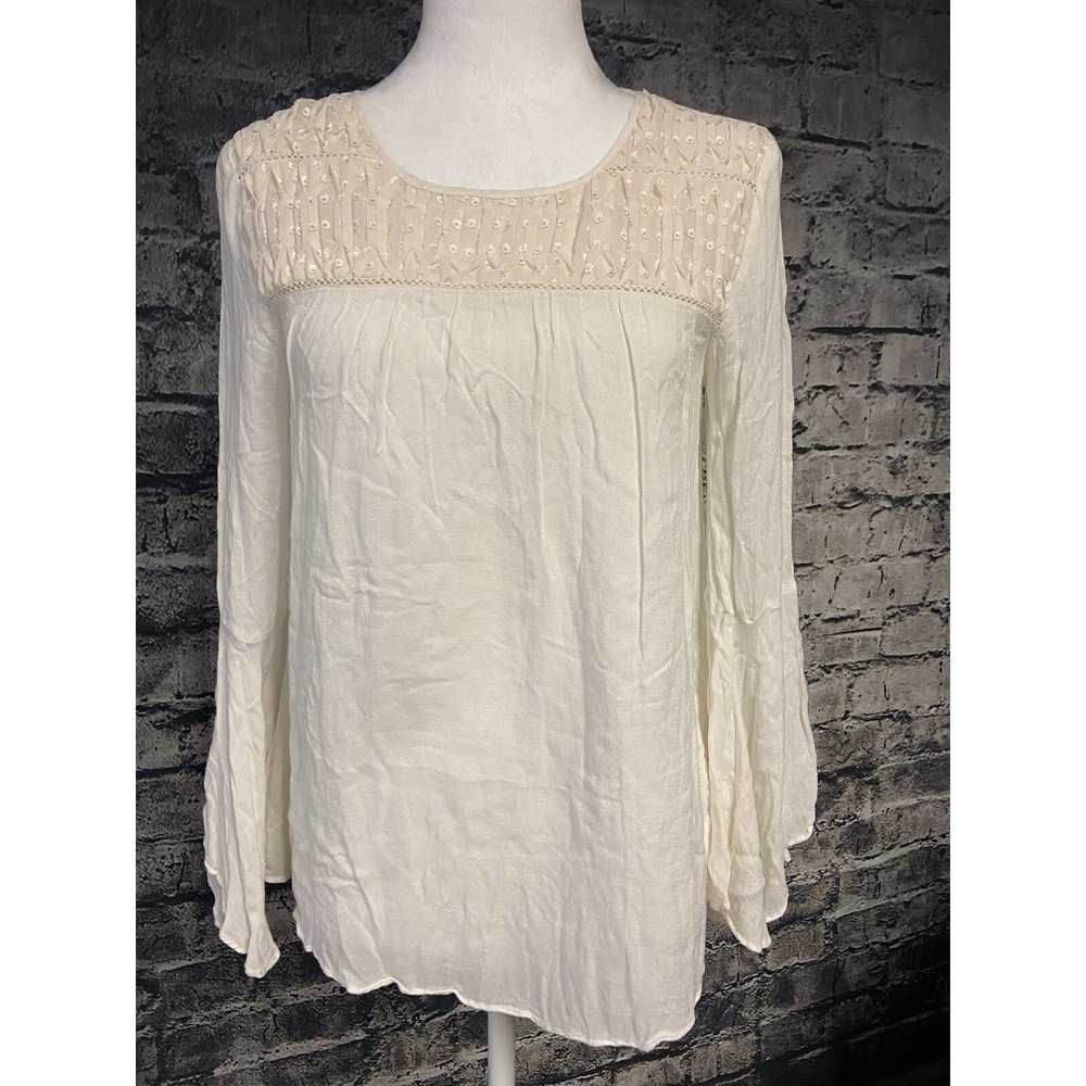 Jessica Simson Womens Shirt Blouse Size Extra Small Beige‎ Embroidered Sheer